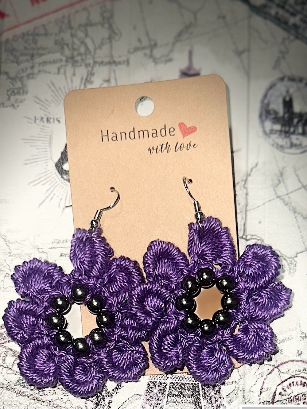 Handmade Purple Crochet Flower Earrings with Black Bead Center
